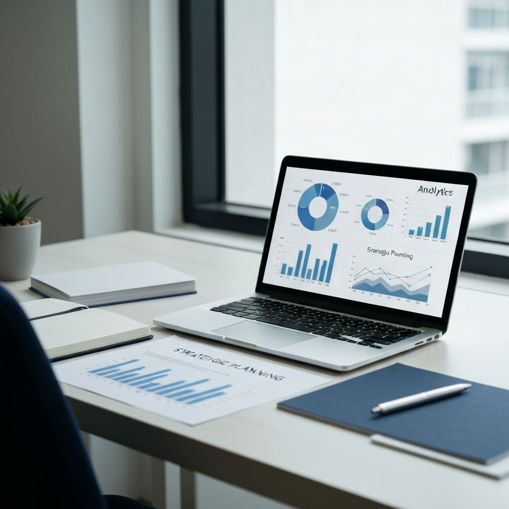Modern office workspace with strategic planning documents and data analytics, representing ENK Enterprise's consulting environment